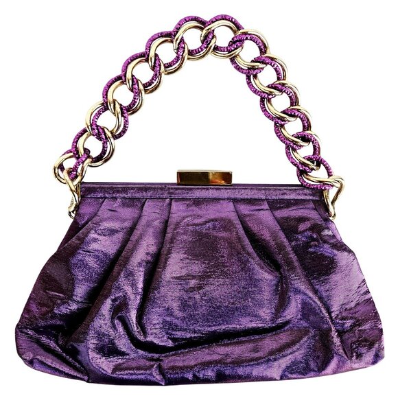 Fabiana Mori Italian Purple Satin Evening Bag Rhinestone Bow Chain Handle 2010s - Picture 5 of 12